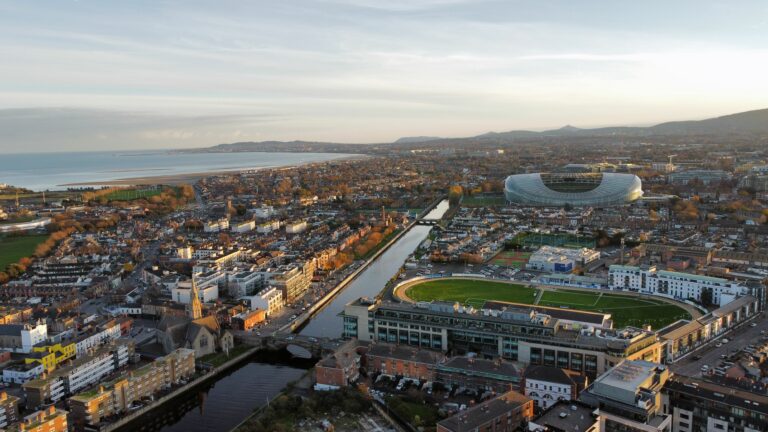 Aerial view of Dublin bay with with Aviva Stadium at Sunset